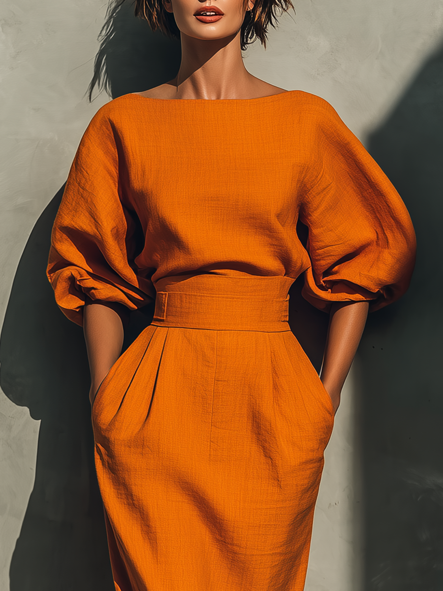 Orange Mid-sleeve Top And Midi Skirt Set