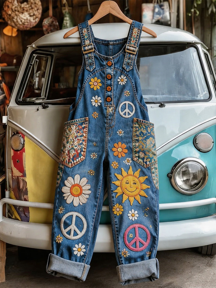 Women's Retro Style Art Print Washed Cotton Denim Patchwork Jumpsuit