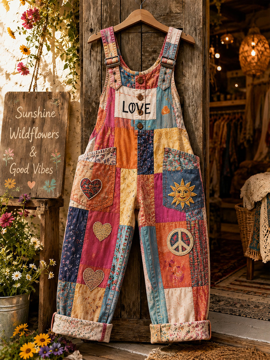 Women's Retro Style Art Print Washed Cotton Denim Patchwork Jumpsuit