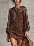 Brown Satin Splice Faux Suede Gold Studded Mini Dress