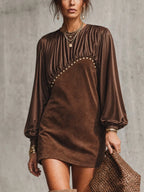 Brown Satin Splice Faux Suede Gold Studded Mini Dress