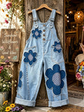 Women's Retro Style Art Print Washed Cotton Denim Patchwork Jumpsuit