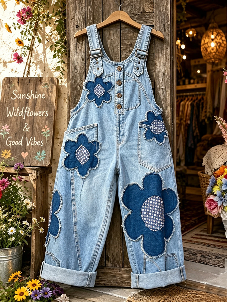 Women's Retro Style Art Print Washed Cotton Denim Patchwork Jumpsuit