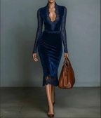 Elegant Velvet V-Neck Lace Fitted Midi Dress