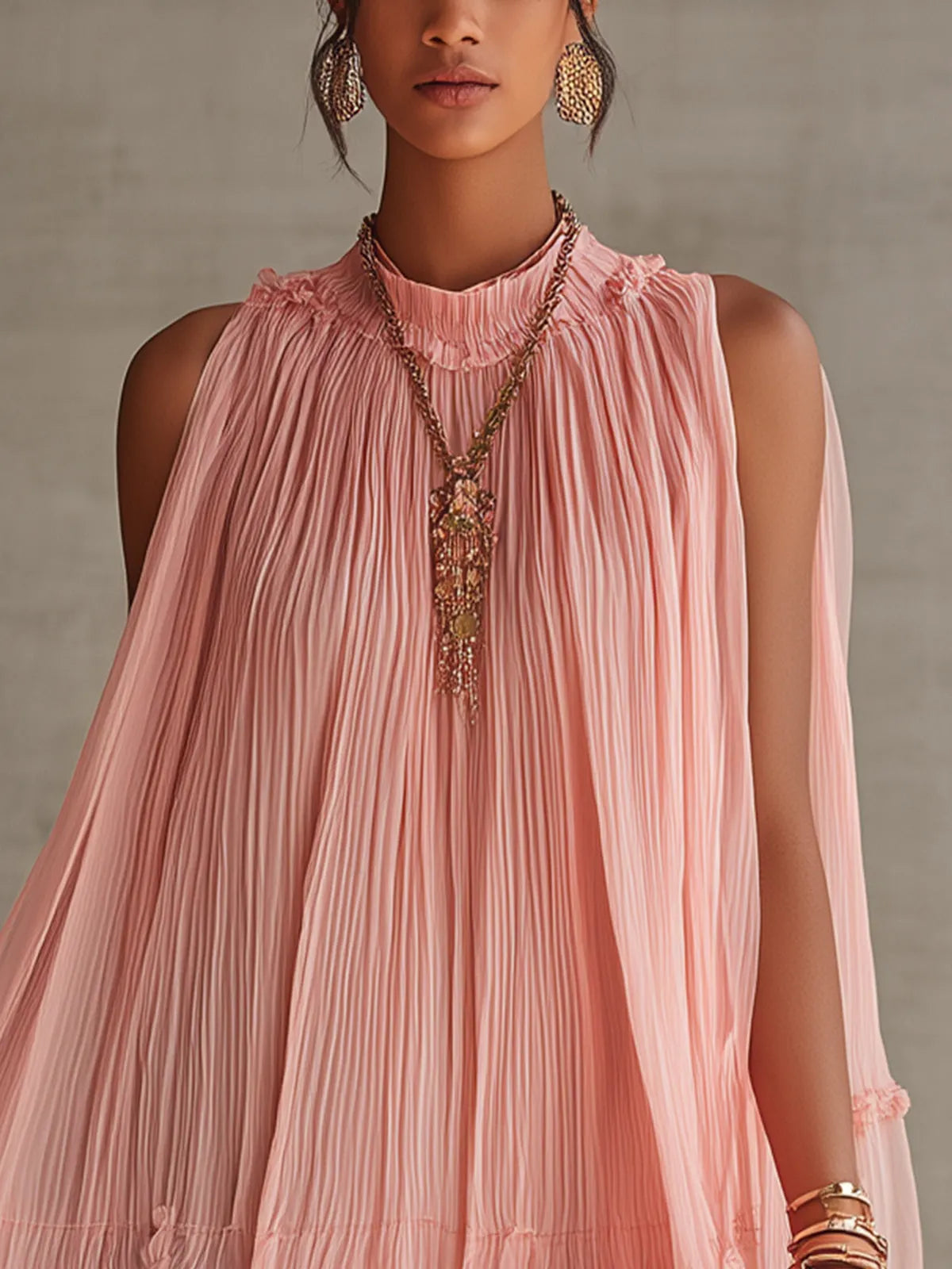 Pink Halter Neck Ruffled Chiffon Bubble Mini Dress