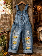 Women's Retro Style Art Print Washed Cotton Denim Patchwork Jumpsuit