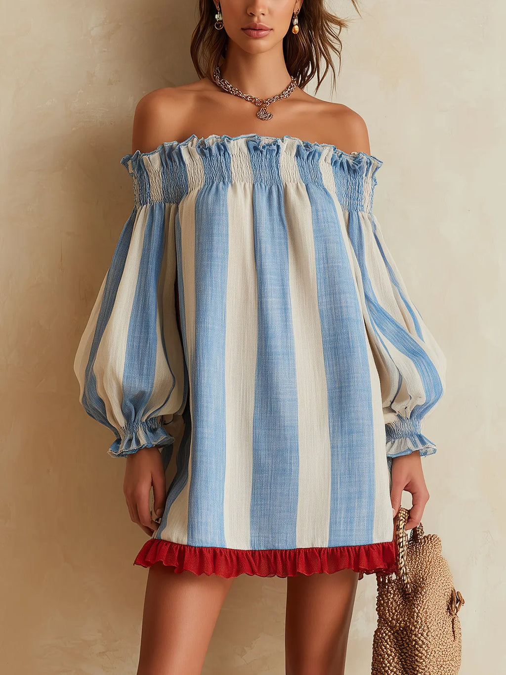 Blue and white striped off-the-shoulder mini dress with a contrasting hem