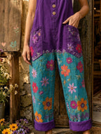Women's Retro Style Art Print Washed Cotton Denim Patchwork Jumpsuit