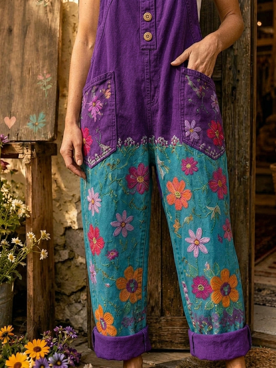 Women's Retro Style Art Print Washed Cotton Denim Patchwork Jumpsuit