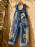 Women's Retro Style Art Print Washed Cotton Denim Patchwork Jumpsuit