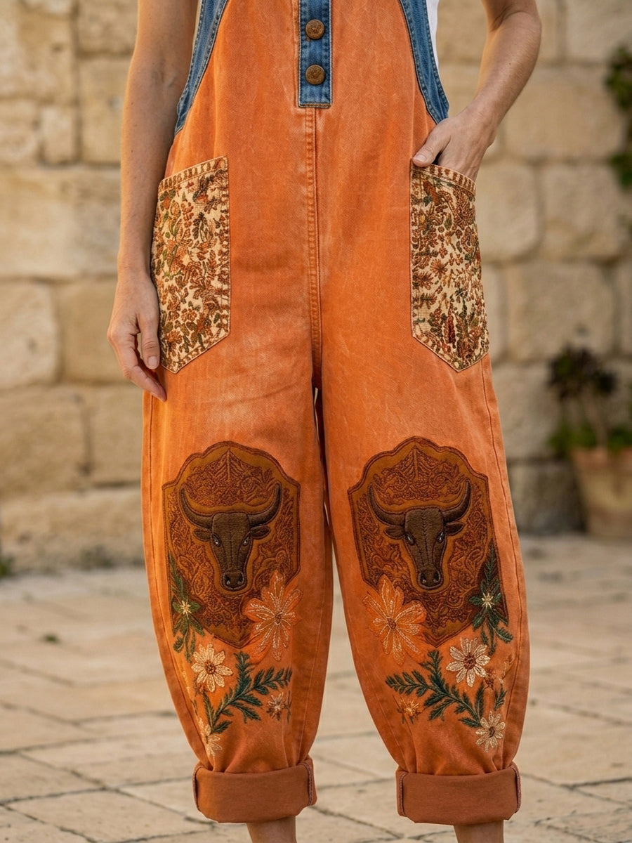 Women's Retro Style Print Washed Cotton Denim Patchwork Jumpsuit