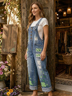 Women's Retro Style Art Print Washed Cotton Denim Patchwork Jumpsuit