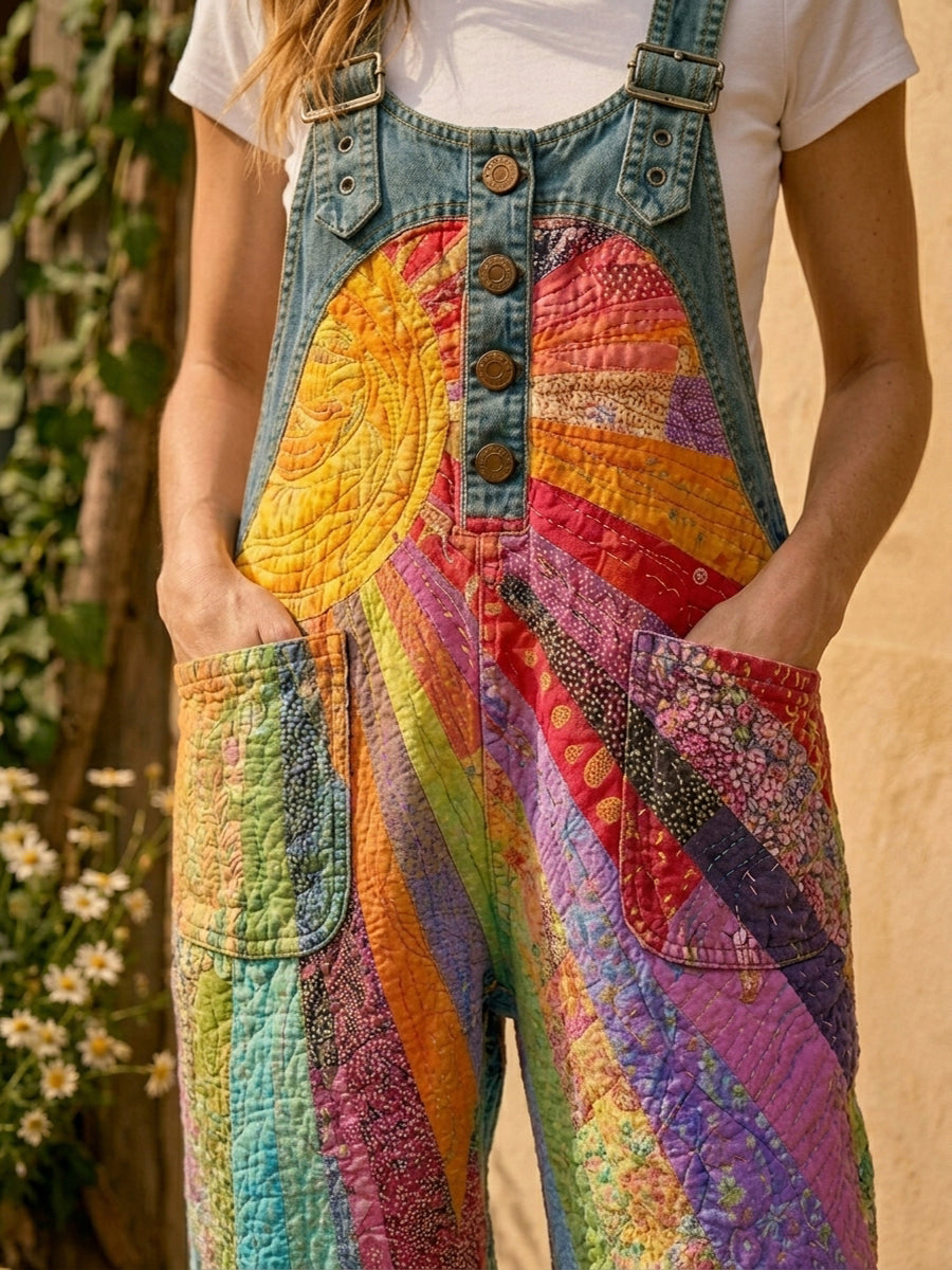 Women's Retro Style Art Print Washed Cotton Denim Patchwork Jumpsuit