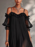 Black Off-Shoulder Chiffon Mini Dress with Lace Trim
