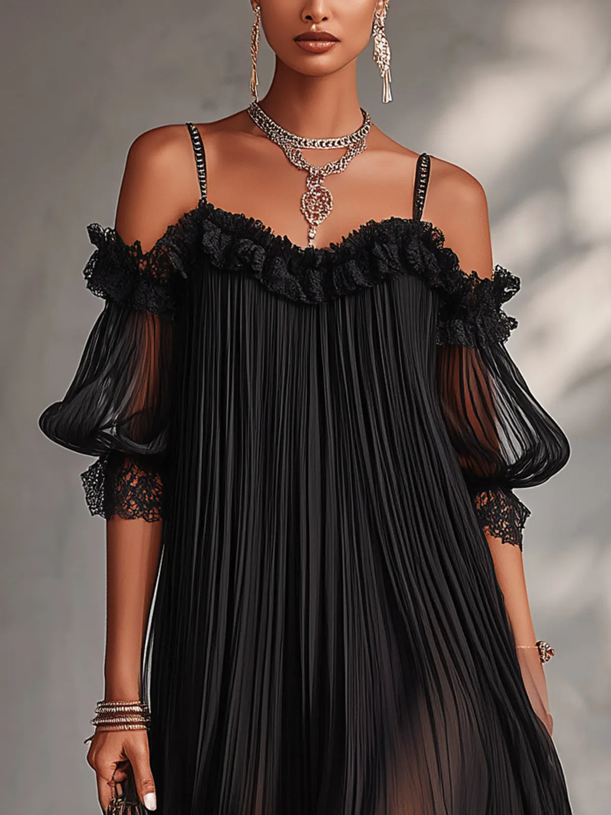 Black Off-Shoulder Chiffon Mini Dress with Lace Trim