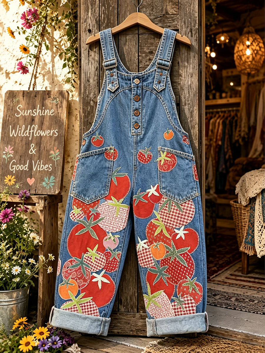 Women's Retro Style Art Print Washed Cotton Denim Patchwork Jumpsuit