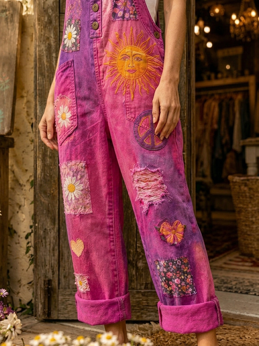 Women's Retro Style Art Print Washed Cotton Denim Patchwork Jumpsuit
