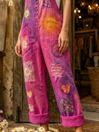Women's Retro Style Art Print Washed Cotton Denim Patchwork Jumpsuit