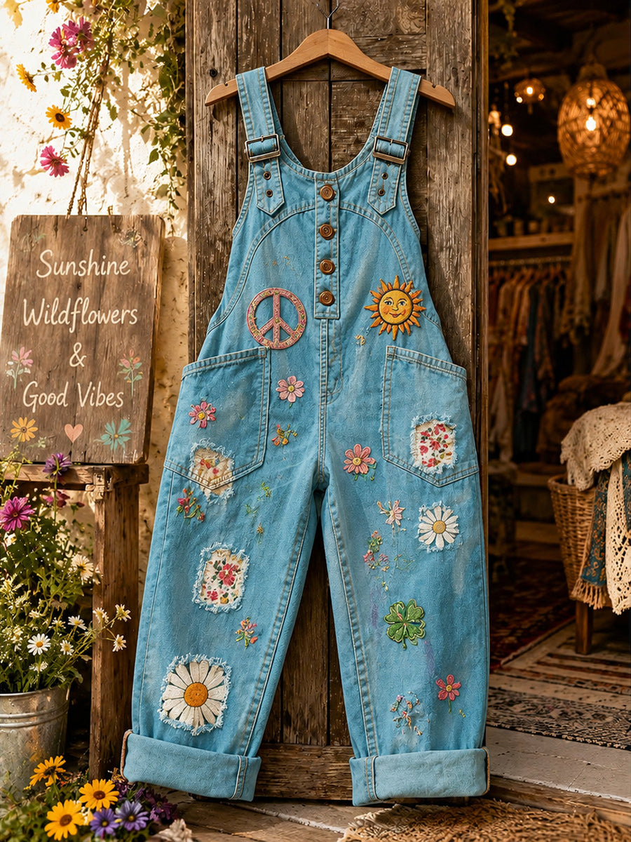 Women's Retro Style Art Print Washed Cotton Denim Patchwork Jumpsuit
