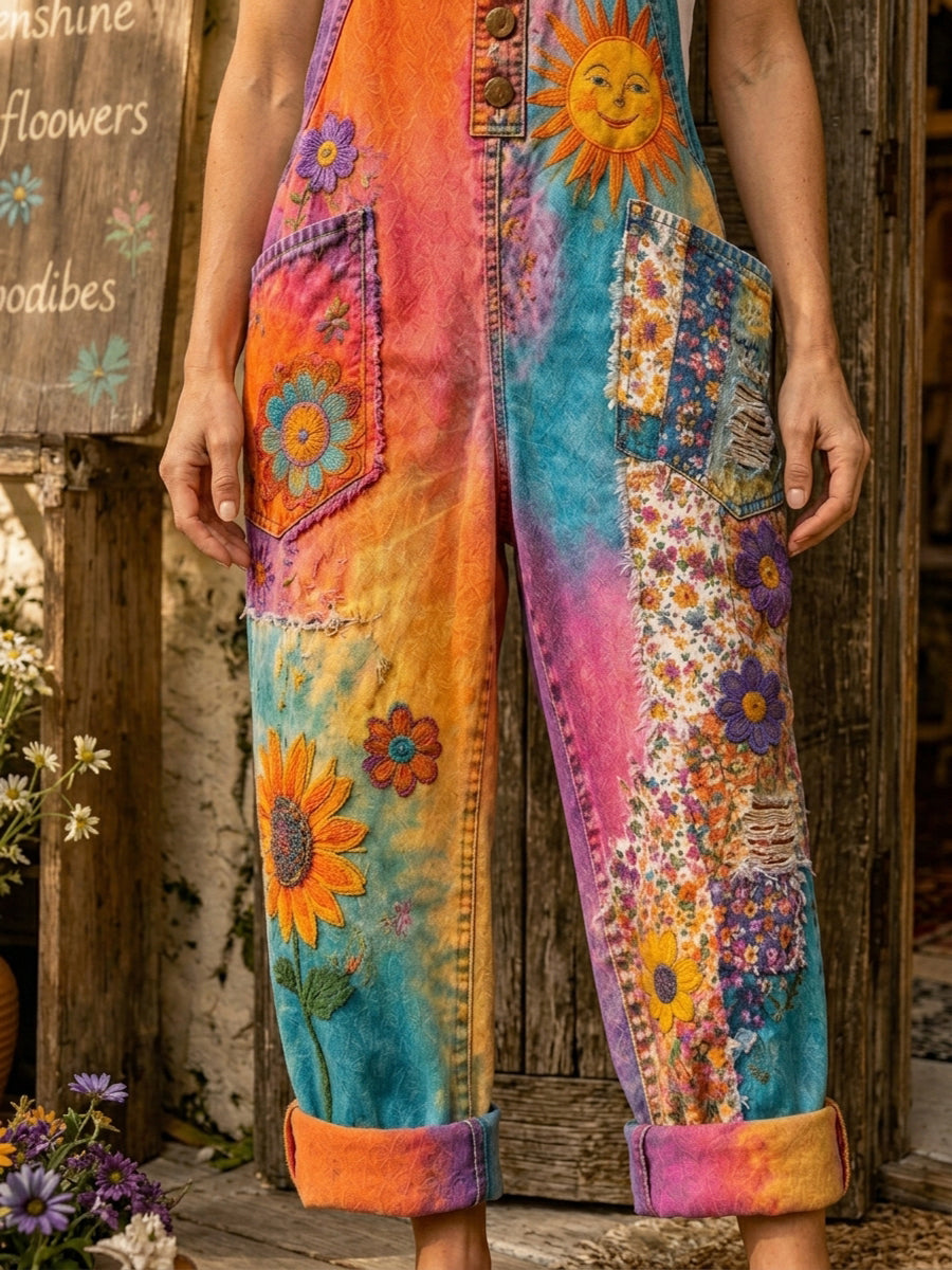 Women's Retro Art Print Denim Patchwork Jumpsuit
