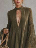 Olive Green Faux Suede Deep V Lace Flare Sleeve Mini Dress