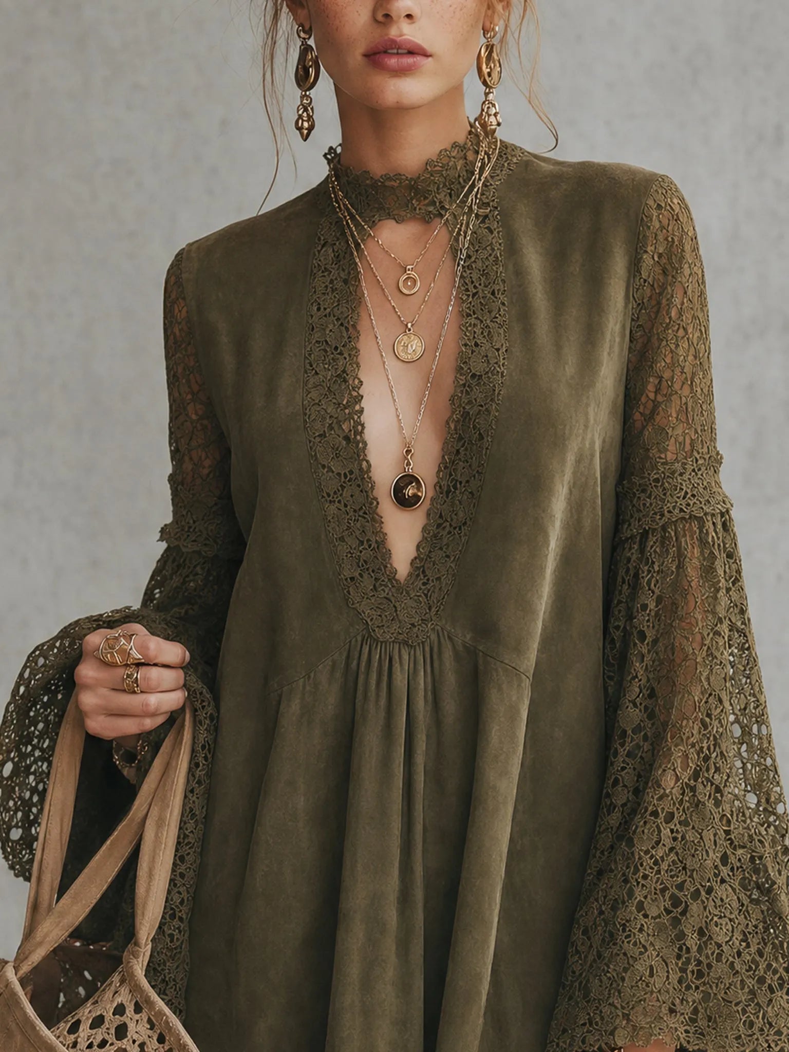 Olive Green Faux Suede Deep V Lace Flare Sleeve Mini Dress