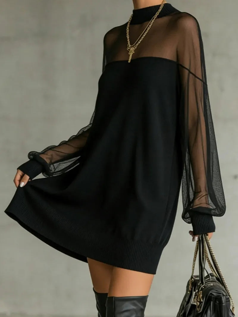 Black Sheer Mesh Sleeve High‐Neck Mini Dress