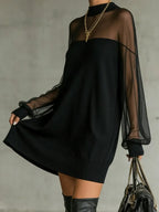 Black Sheer Mesh Sleeve High‐Neck Mini Dress