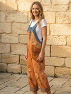 Women's Retro Style Print Washed Cotton Denim Patchwork Jumpsuit