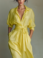 Lemon Yellow Cotton And Linen Blend Maxi Shirt Dress