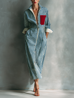 Blue And White Cotton Blend Striped Shirt Dress With Red Chest Pocket