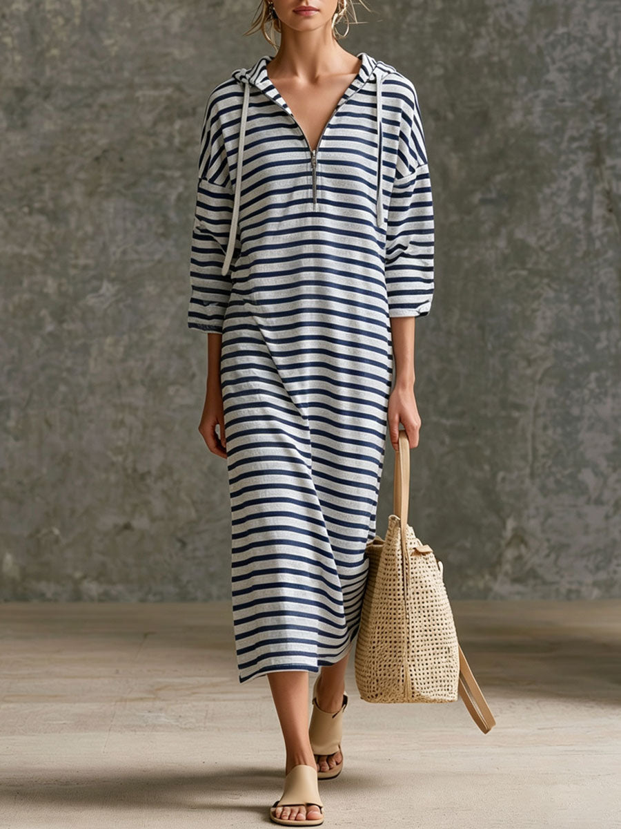 Striped Half-Zip Hooded Midi Dress