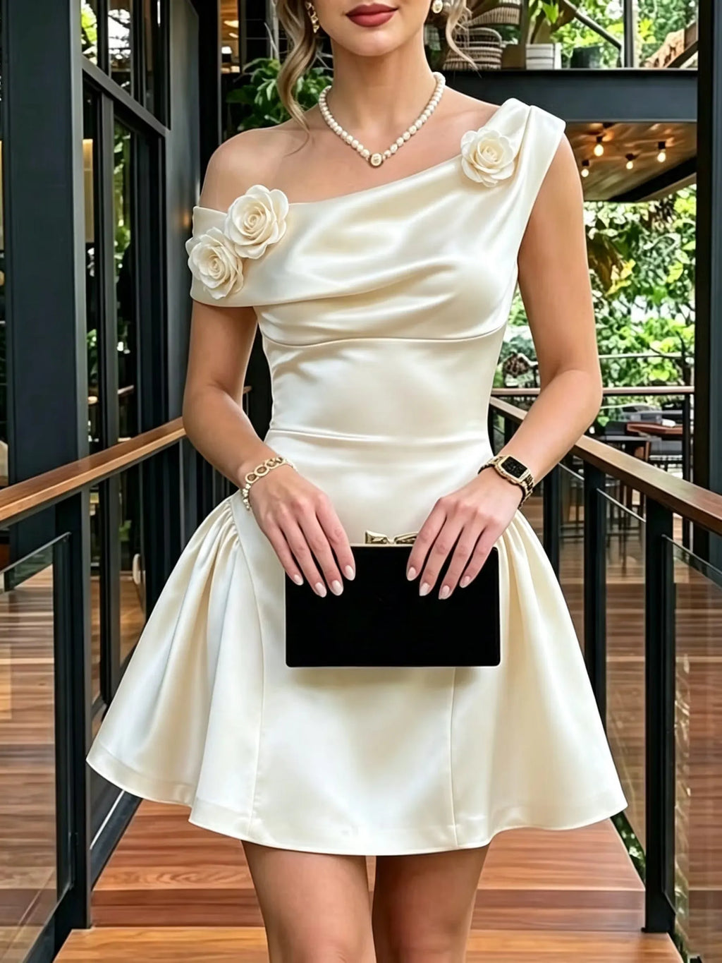 Asymmetrical Draped Shoulder 3D Floral Satin A‐Line Mini Dress