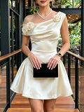 Asymmetrical Draped Shoulder 3D Floral Satin A‐Line Mini Dress