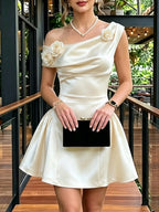 Asymmetrical Draped Shoulder 3D Floral Satin A‐Line Mini Dress
