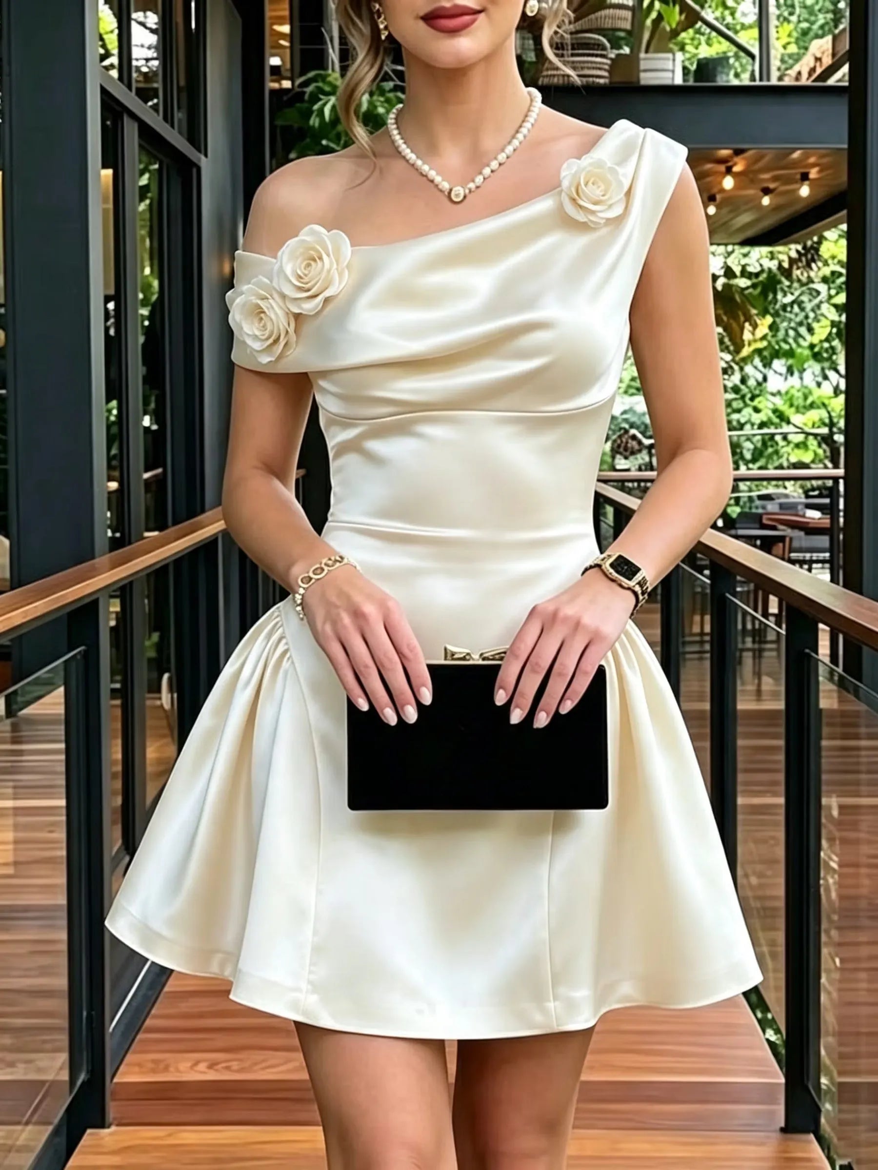 Asymmetrical Draped Shoulder 3D Floral Satin A‐Line Mini Dress