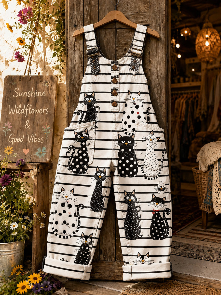 Women's Retro Style Art Print Washed Cotton Denim Patchwork Jumpsuit