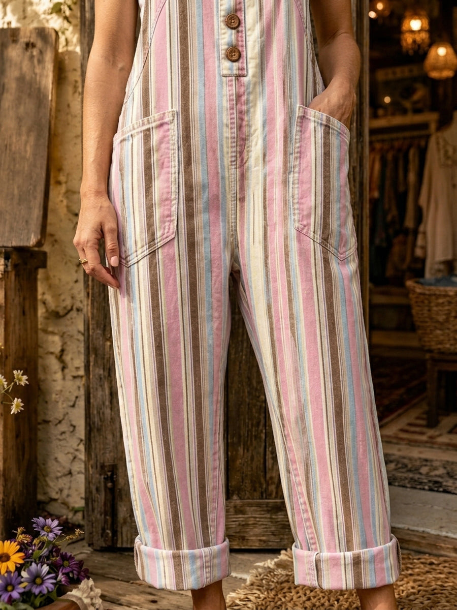 Women's Retro Style Art Print Washed Cotton Denim Patchwork Jumpsuit