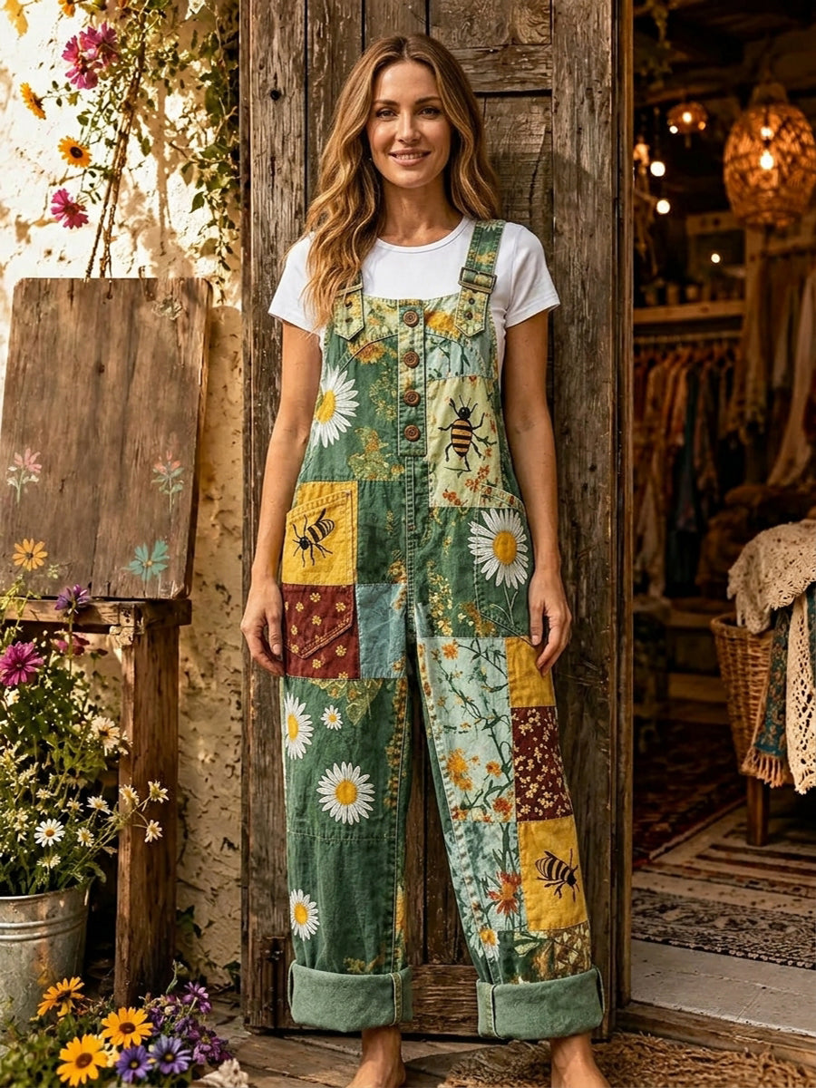 Women's Retro Style Art Print Washed Cotton Denim Patchwork Jumpsuit
