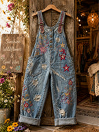 Women's Retro Style Art Print Washed Cotton Denim Patchwork Jumpsuit