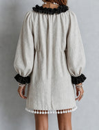 Color-Block Lettuce-Edge Puff Sleeves Tassels Shift Mini Dress