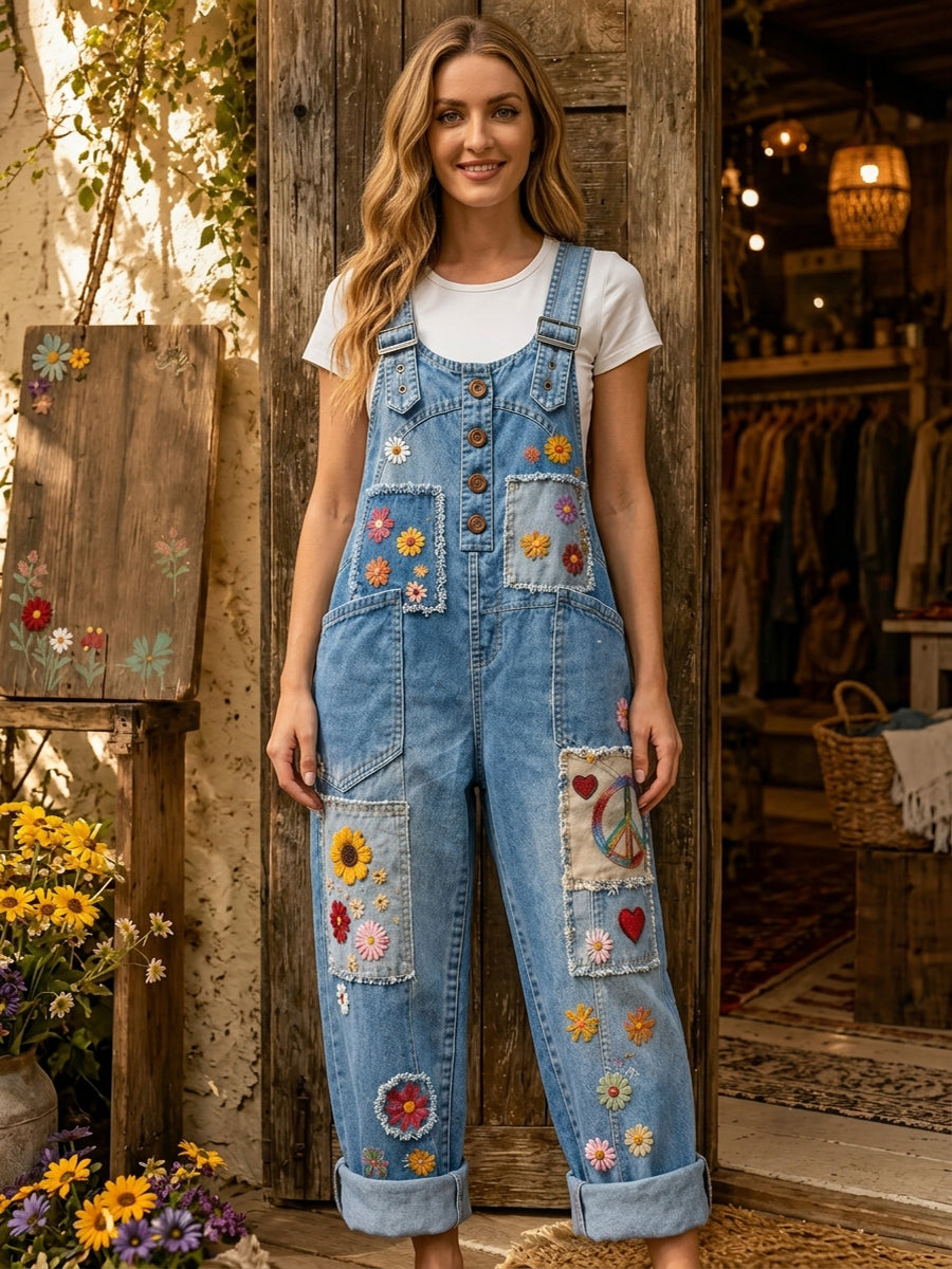 Women's Retro Style Art Print Washed Cotton Denim Patchwork Jumpsuit