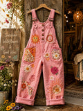 Women's Retro Style Art Print Washed Cotton Denim Patchwork Jumpsuit