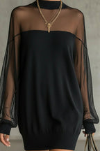 Sheer-Sleeve High-Neck Mini Dress