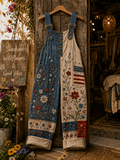 Women's Retro Style Art Print Denim Patchwork Jumpsuit