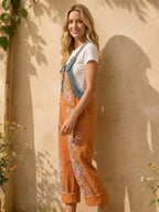 Women's Retro Style Art Print Washed Cotton Denim Patchwork Jumpsuit