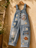 Women's Retro Style Art Print Washed Cotton Denim Patchwork Jumpsuit