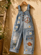 Women's Retro Style Art Print Washed Cotton Denim Patchwork Jumpsuit