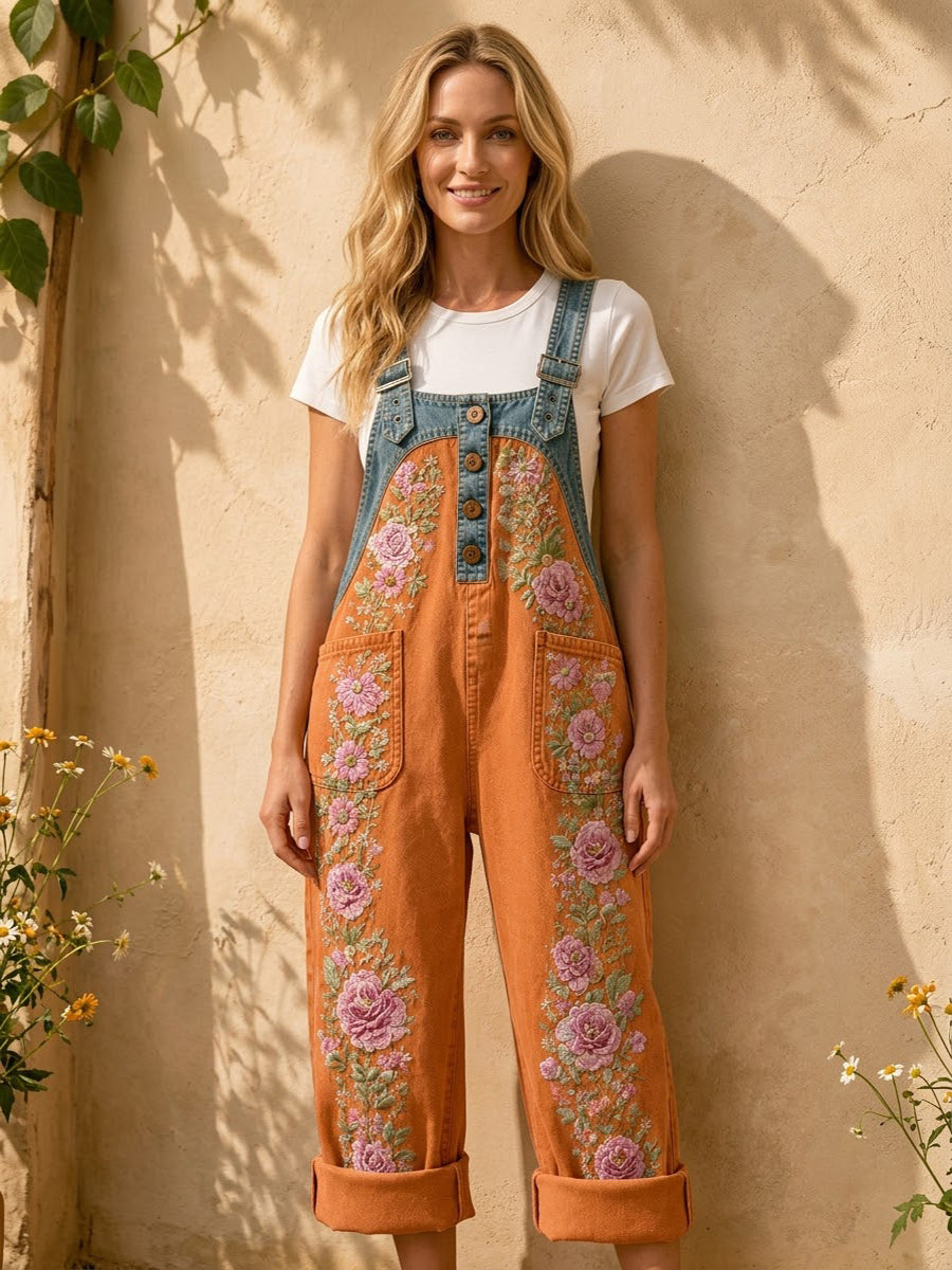 Women's Retro Style Art Print Washed Cotton Denim Patchwork Jumpsuit