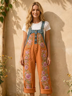 Women's Retro Style Art Print Washed Cotton Denim Patchwork Jumpsuit